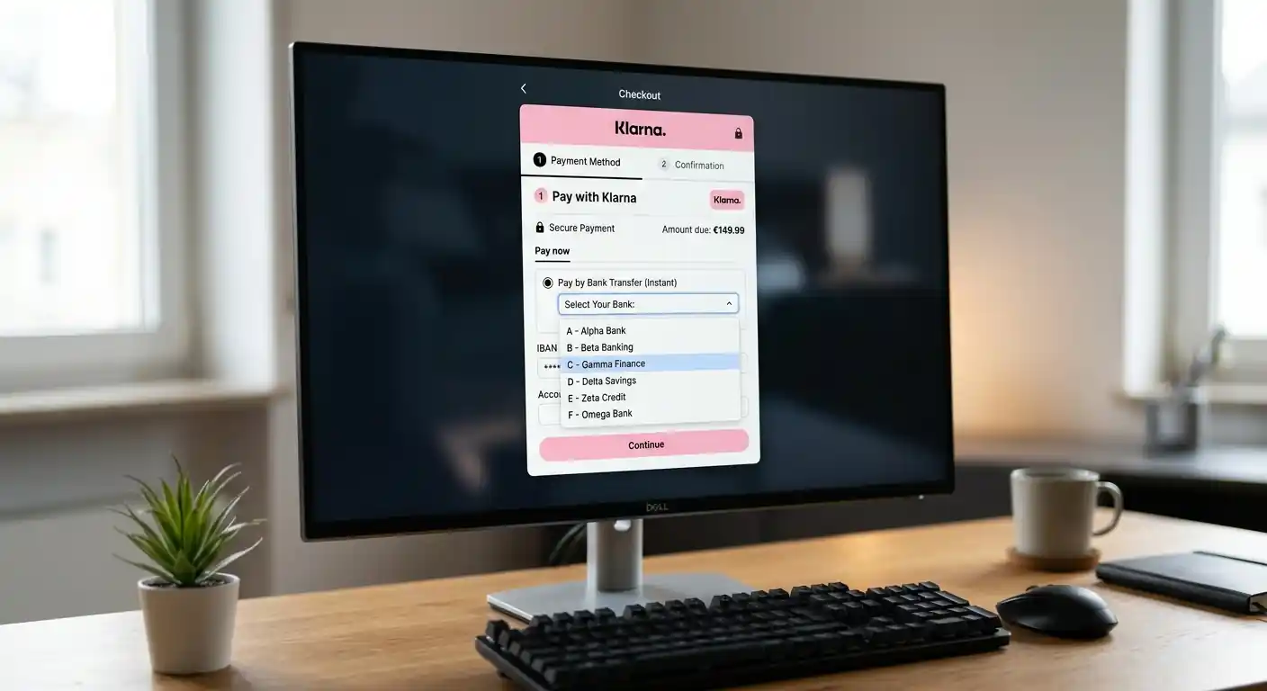 Bildschirm mit Klarna-Gateway und Bankauswahl-Interface
