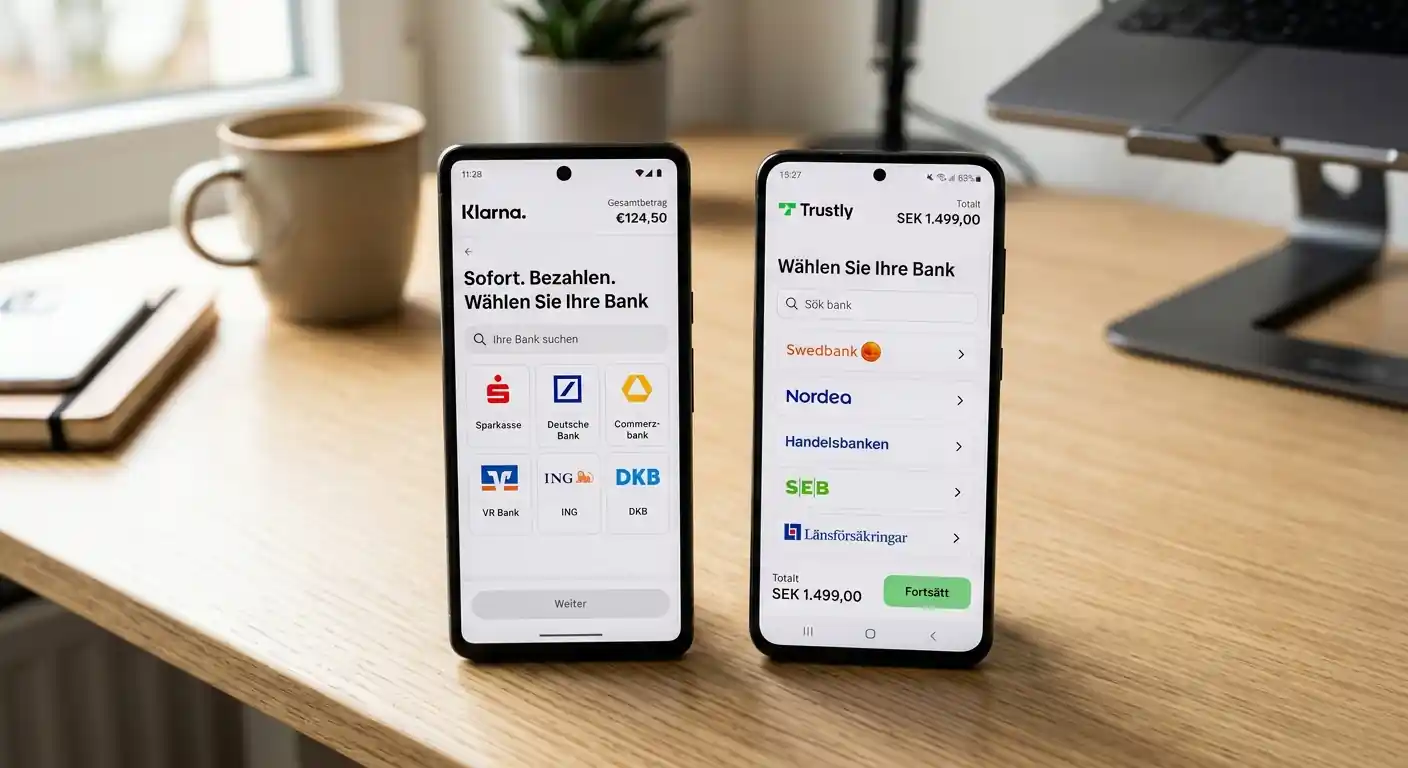 Zwei Smartphone-Displays nebeneinander mit Sofort- und Trustly-Zahlungsinterface