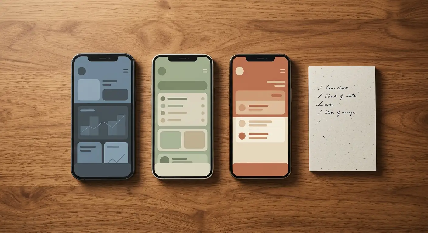 Drei Smartphones nebeneinander mit neutralen App-Oberflächen auf einem Holztisch