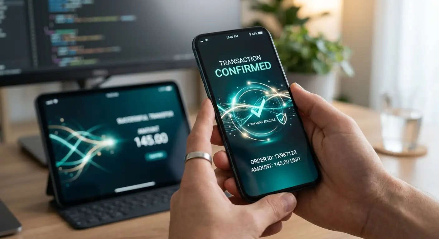 Smartphone zeigt eine abstrakte Transaktionsbestätigung mit leuchtenden Linien