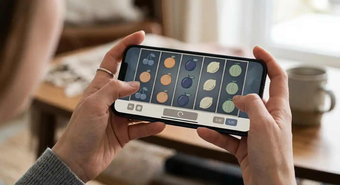 Hände halten ein Smartphone mit neutralem Walzen-Spielinterface
