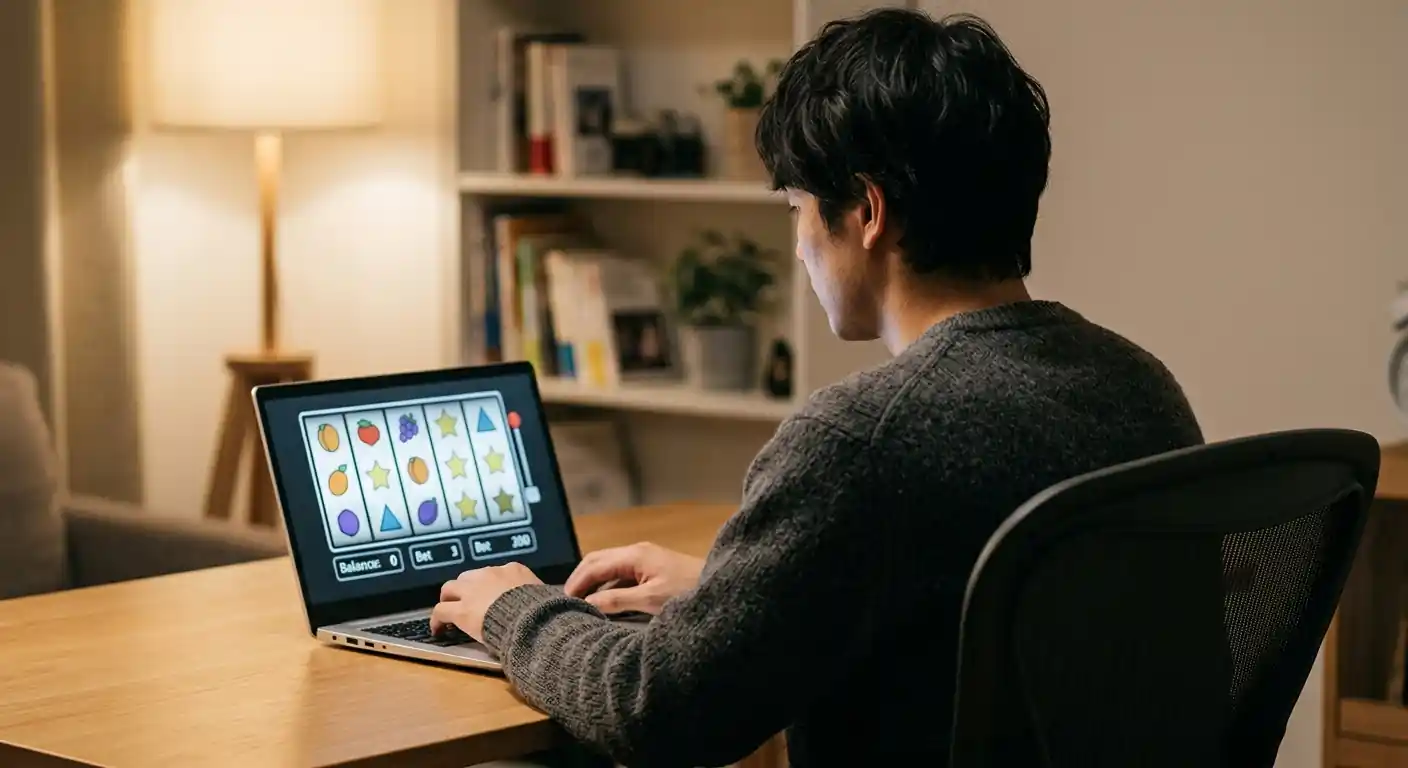 Person am Laptop mit neutraler Spielautomaten-Oberfläche im warmen Licht