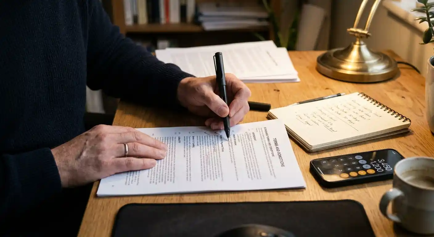 Person mit Stift und Notizblock prüft gedruckte Bonusbedingungen an einem Schreibtisch