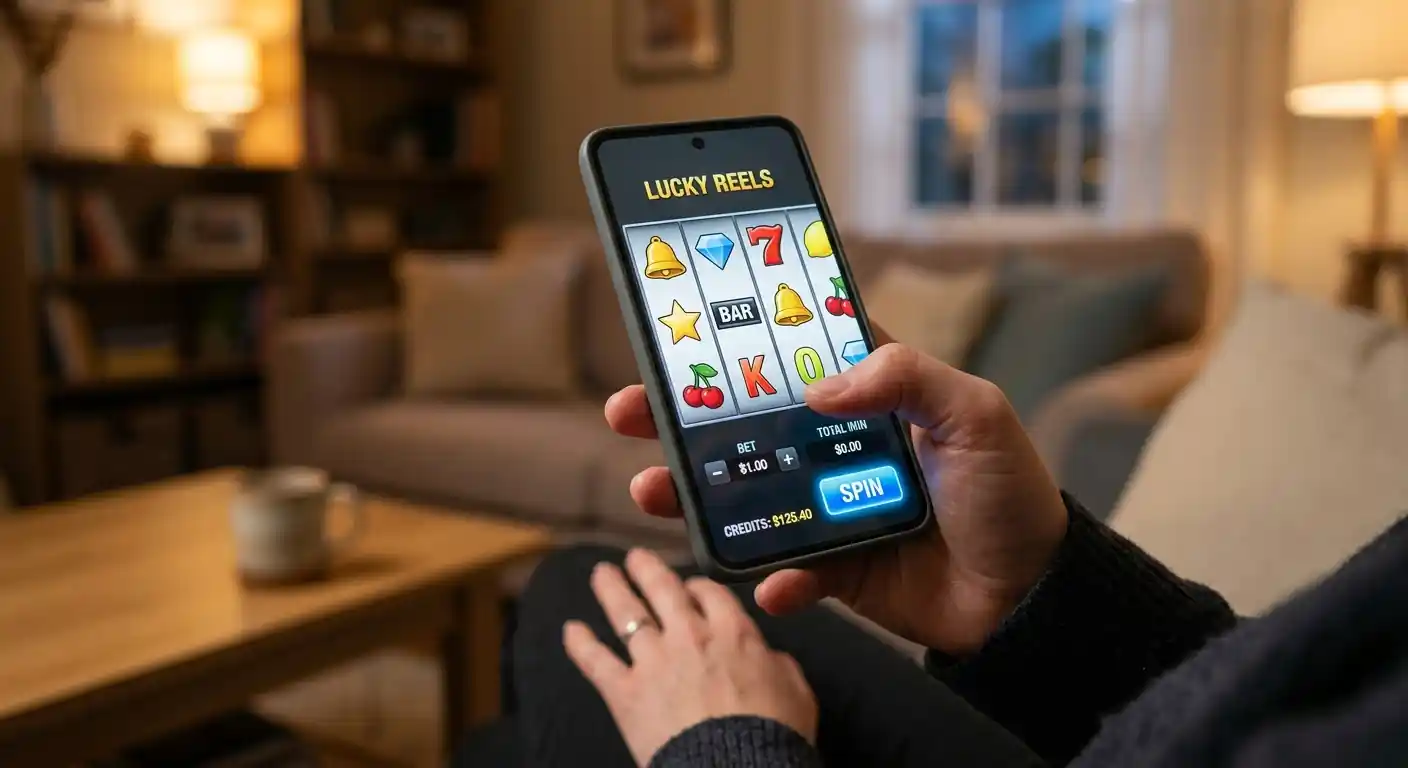 Hand hält Smartphone mit neutraler Spielautomaten-Oberfläche in unscharfer Wohnzimmertapete