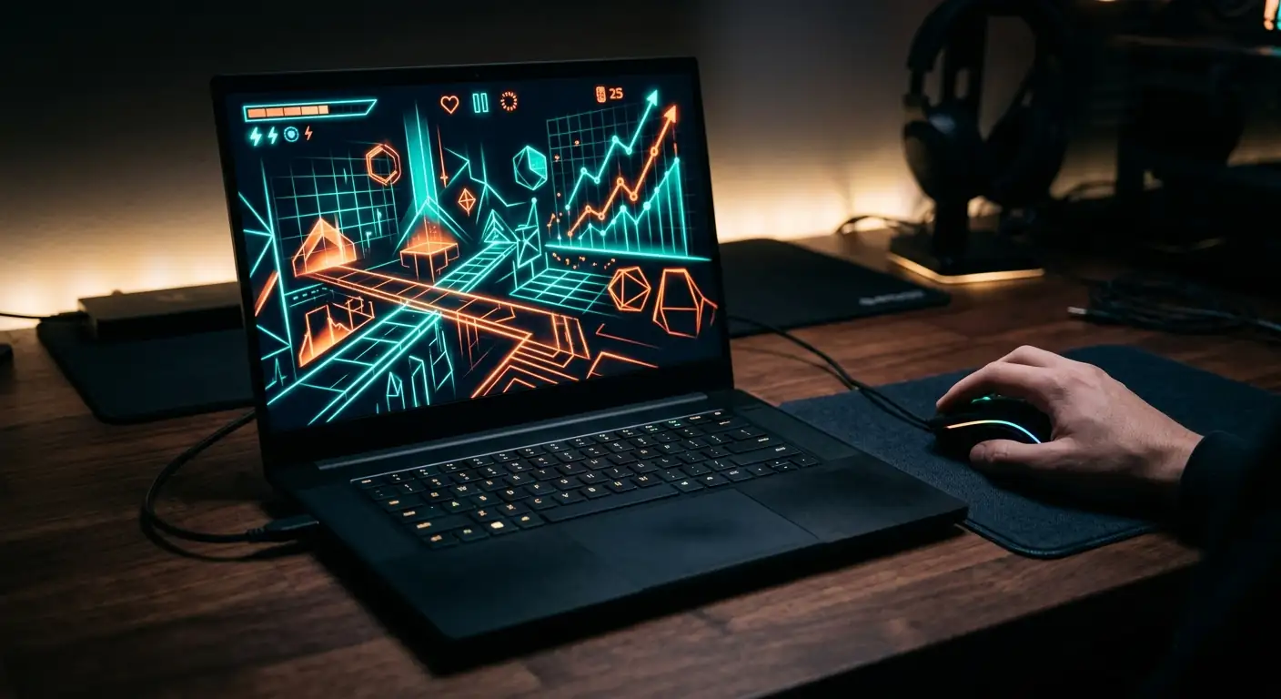 Laptopbildschirm mit abstrakten bunten Spielmustern und Kurvengrafiken