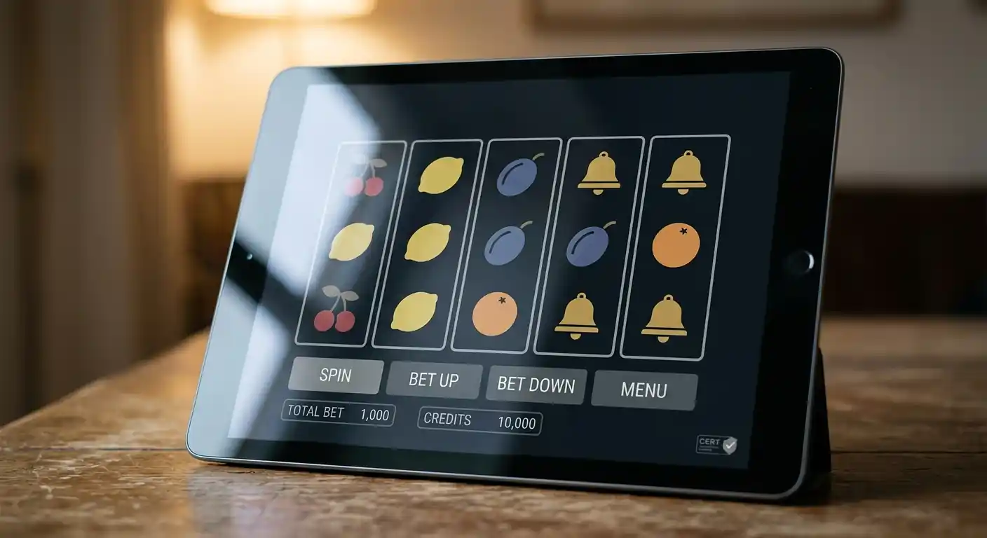 Tablet mit generischen Spielautomaten-Walzen und abstrakten Symbolen