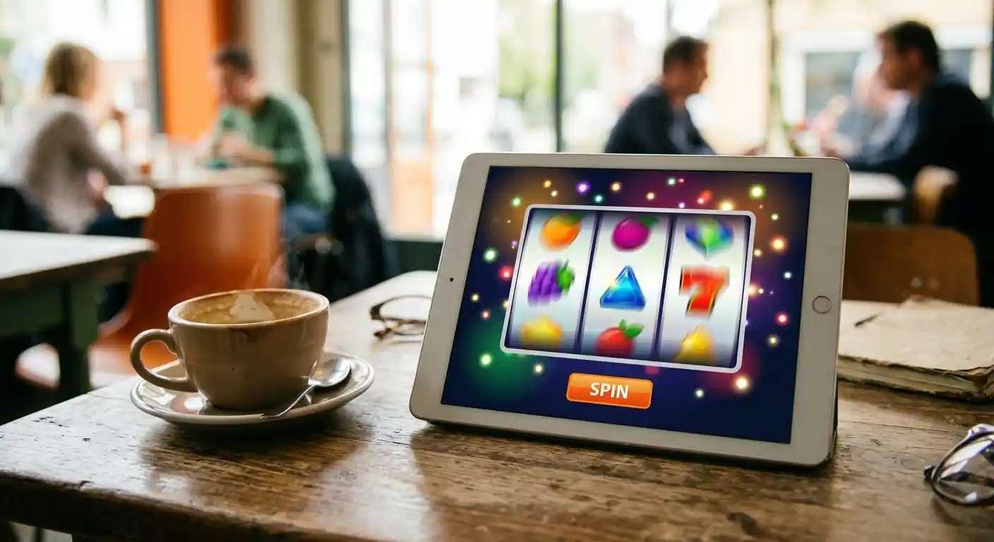Tablet mit generischen Drehwalzen auf einem Cafétisch neben einer Kaffeetasse