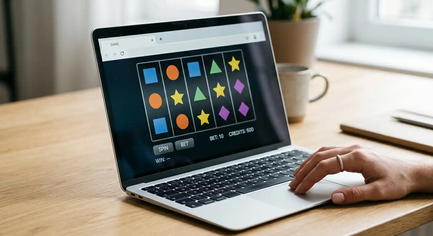 Spielautomat läuft in HTML5 im Browserfenster auf einem Notebook ohne Software