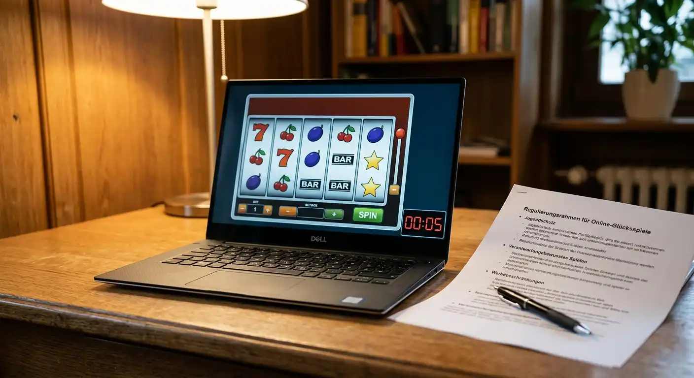 Laptop mit Slot-Spiel neben Regelungsdokument und Fünf-Sekunden-Timer