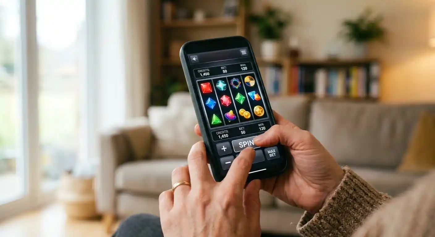 Smartphone mit geöffneter Spielautomaten-Oberfläche und neutralen Symbolen
