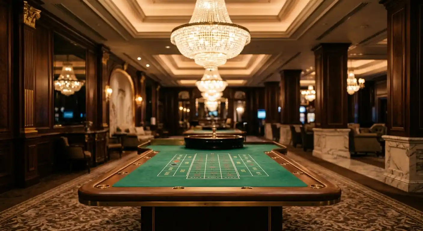 Spielbank-Innenraum mit elegantem Spieltisch und warmer Beleuchtung ohne Personen