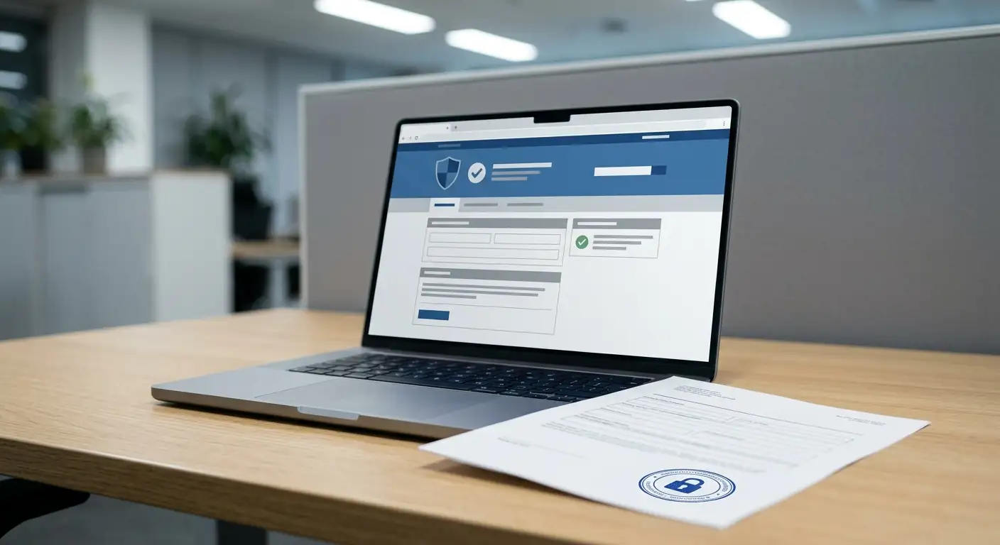 Laptop mit generischer behördlicher Webseite und Prüfsiegel-Symbol, davor gestempeltes Dokument mit Schloss-Symbol
