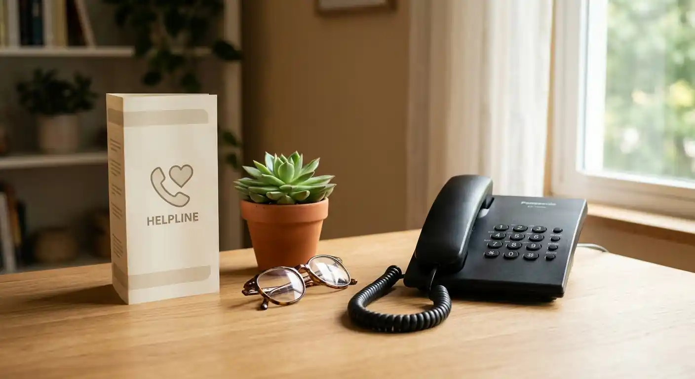 Telefonhörer auf einem Schreibtisch neben einer Broschüre mit dem Aufdruck „Beratung