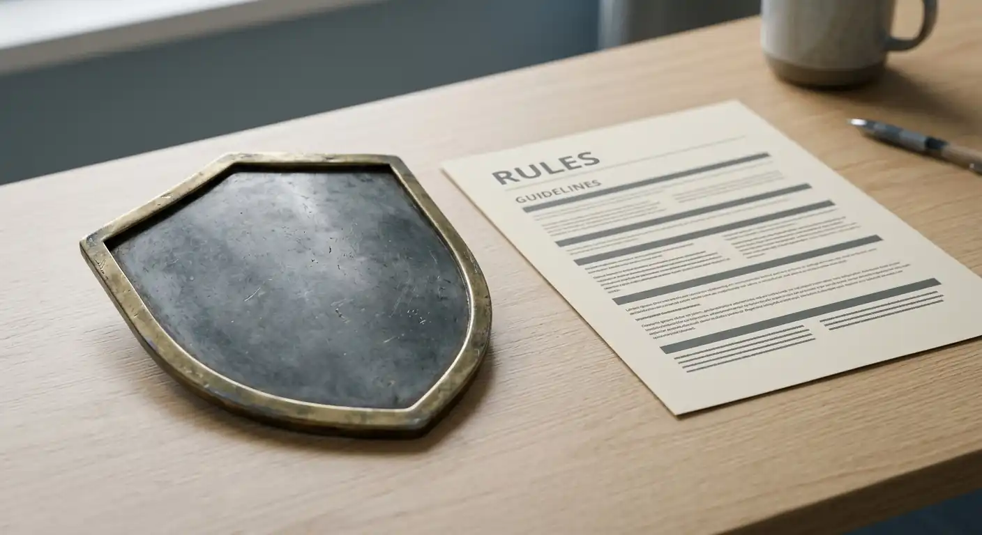 Schutzschild-Symbol neben einem Regeldokument auf einem Schreibtisch