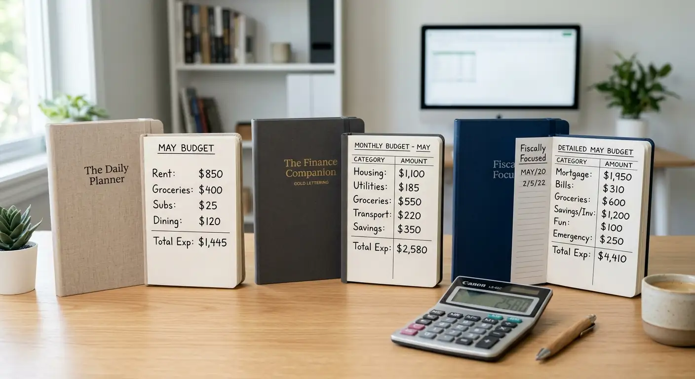 Drei Notizbücher auf Schreibtisch zeigen verschiedene Budget-Stufen