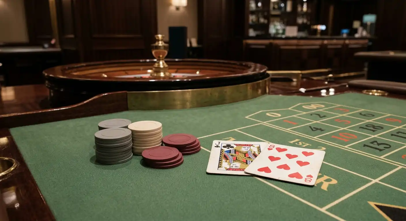 Roulettetisch und Spielkarten als Sinnbild für Tischspiele