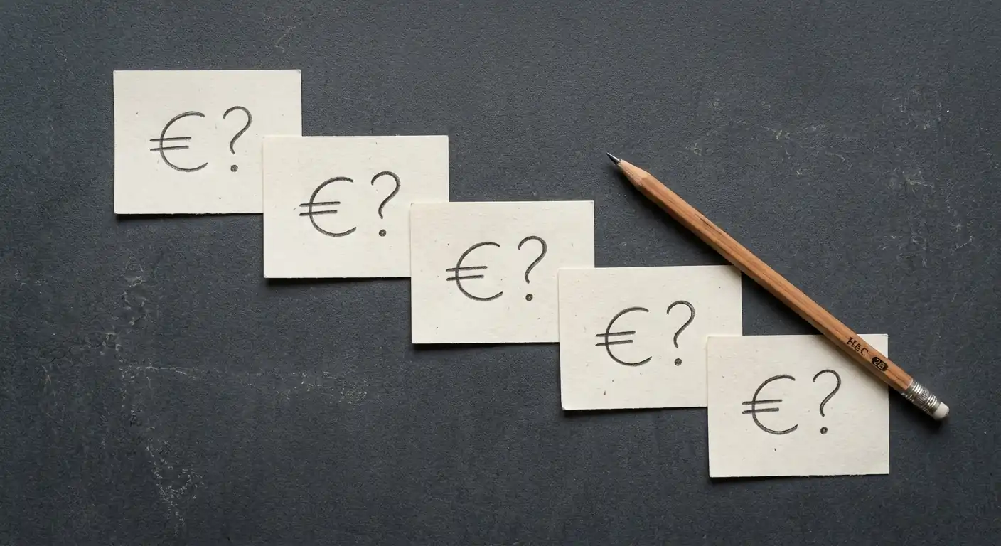 Notizzettel mit gestaffelten Euro-Beträgen und Fragezeichen