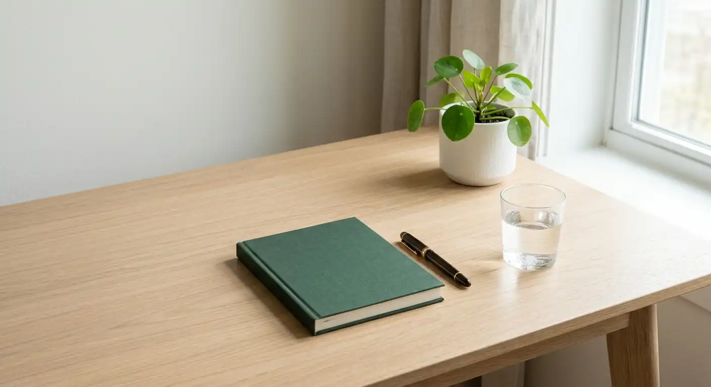 Aufgeräumter Arbeitsplatz mit Notizbuch und Stift zur Limitplanung