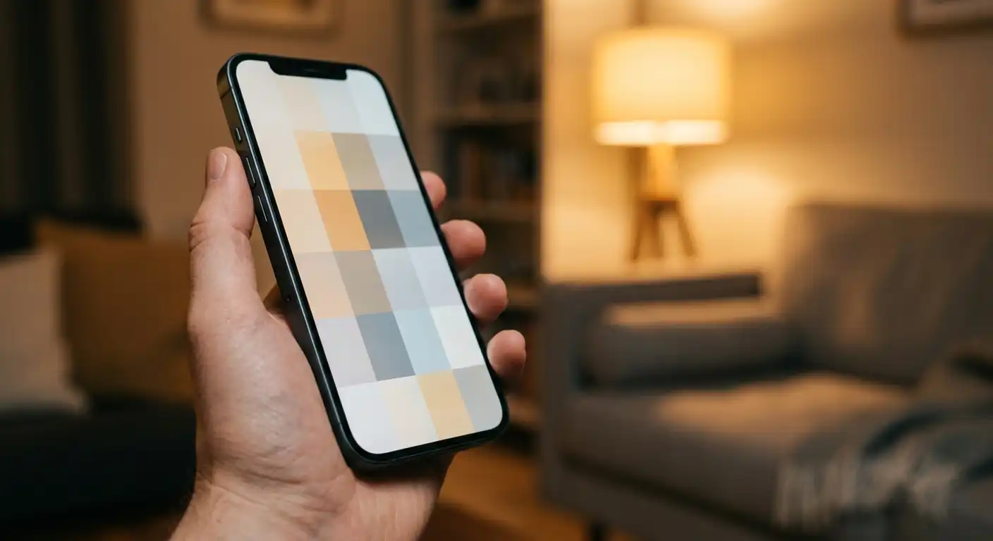 Hand hält Mobiltelefon mit geöffneter Spielübersicht im Browser