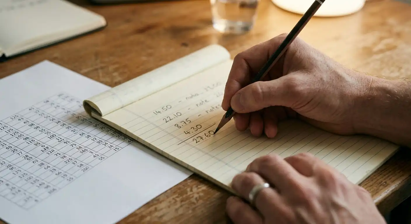 Person rechnet Umsatzbedingungen eines Startguthabens mit Stift auf Papier nach