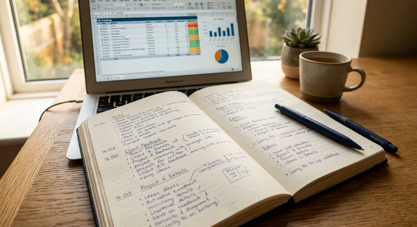 Offenes Notizbuch mit handschriftlichen Einträgen, Stift und Laptop im Hintergrund