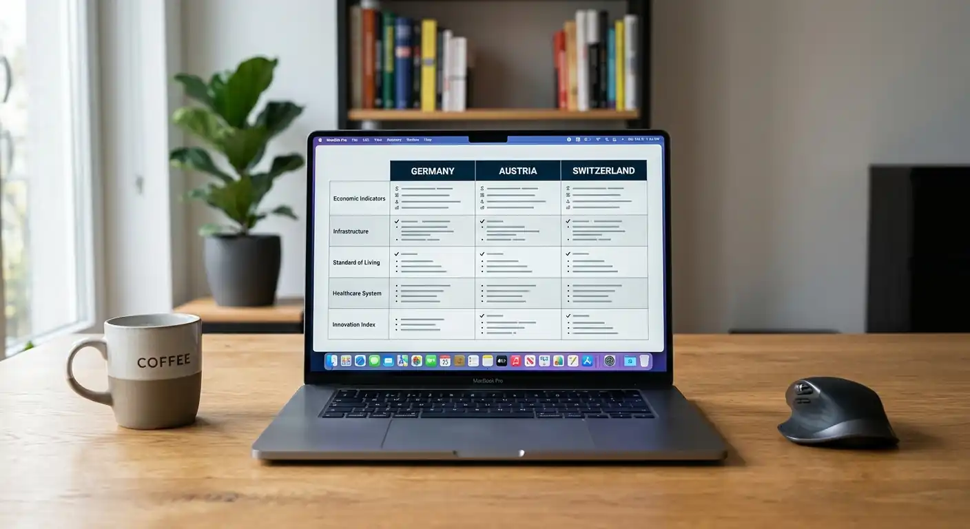 Vergleichstabelle Deutschland Österreich Schweiz auf Laptop-Bildschirm