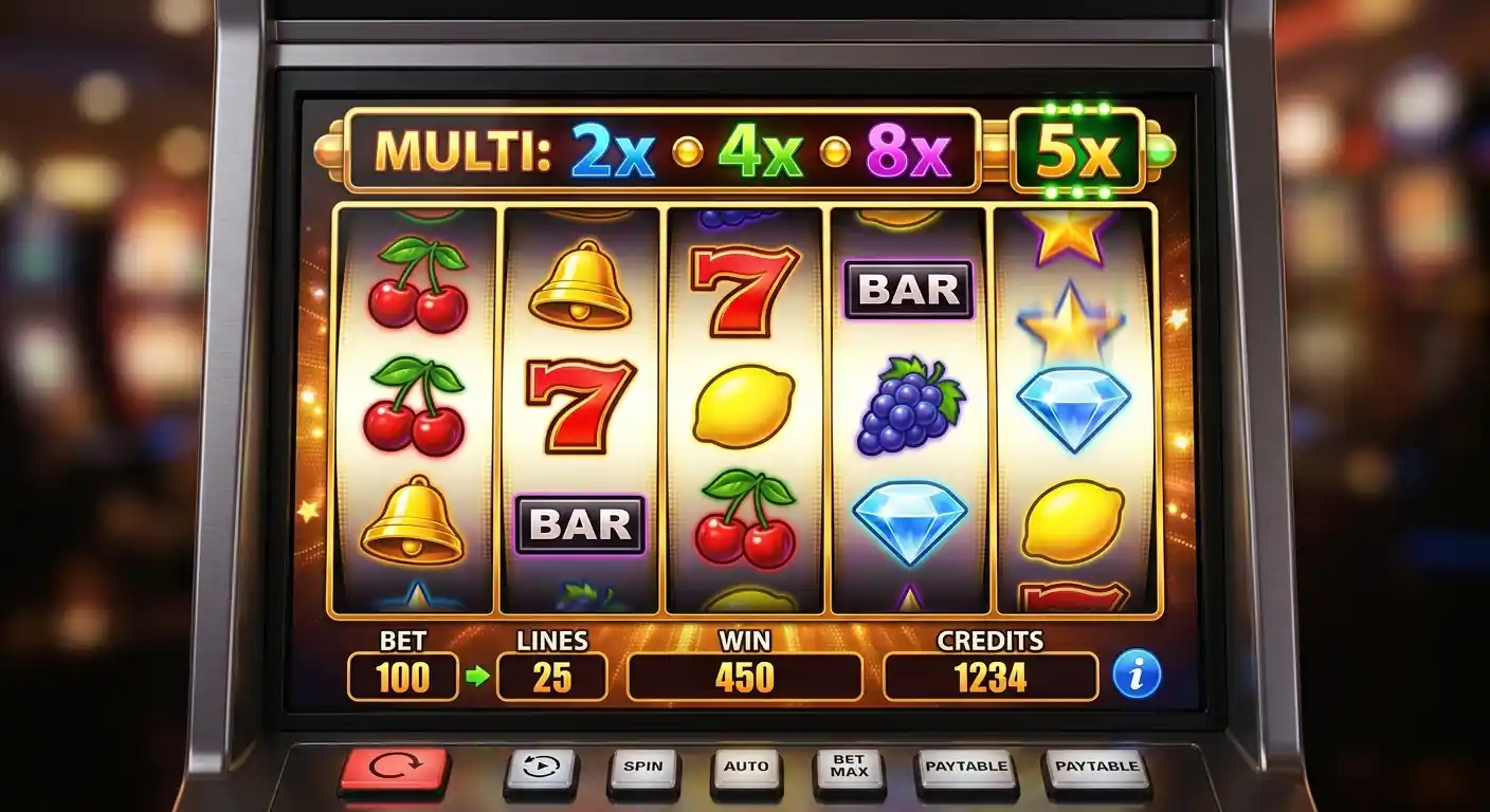 Detailansicht eines Kaskaden-Slots mit fallenden Symbolen und Multiplikatoren