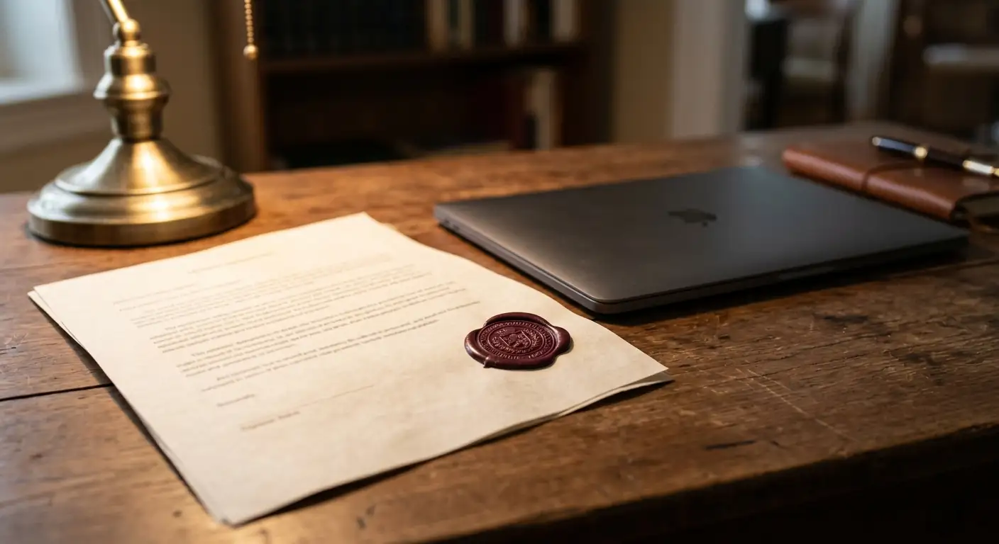 Bedruckte Bonusbedingungen als gestempeltes Dokument neben einem Laptop