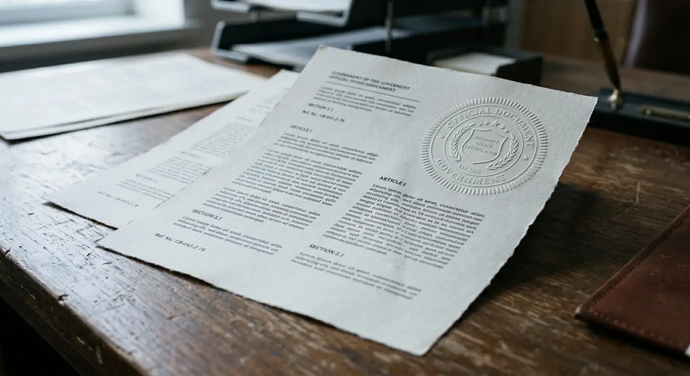 Behördliches Schriftstück mit Paragrafen und Siegel auf einem nüchternen Schreibtisch
