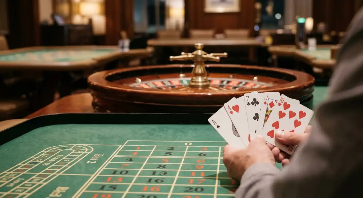Roulettekessel und Spielkarten auf grünem Tisch als Sinnbild für Tischspiele