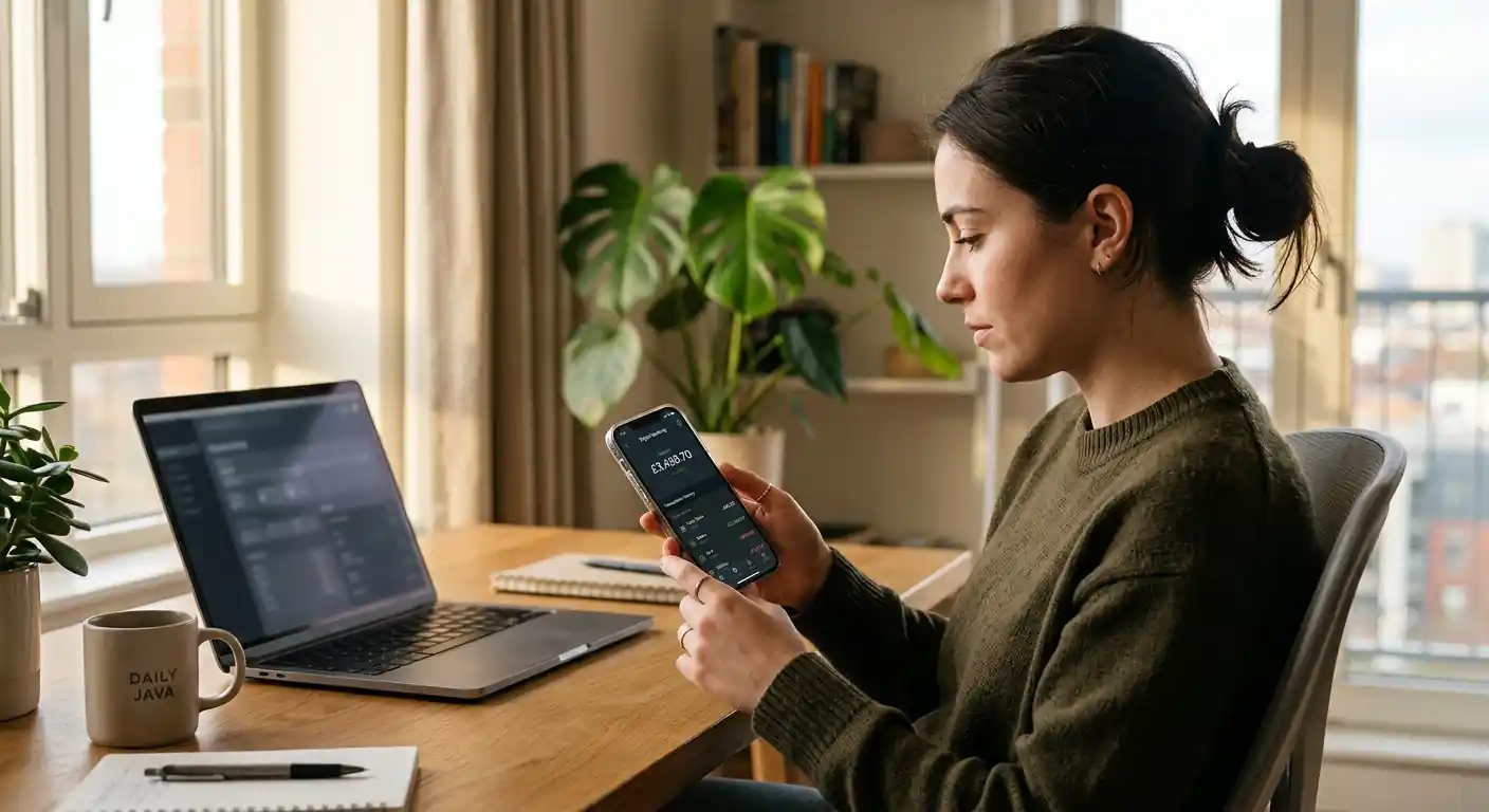 Person am Schreibtisch mit Smartphone und offenem Bankkonto-Interface