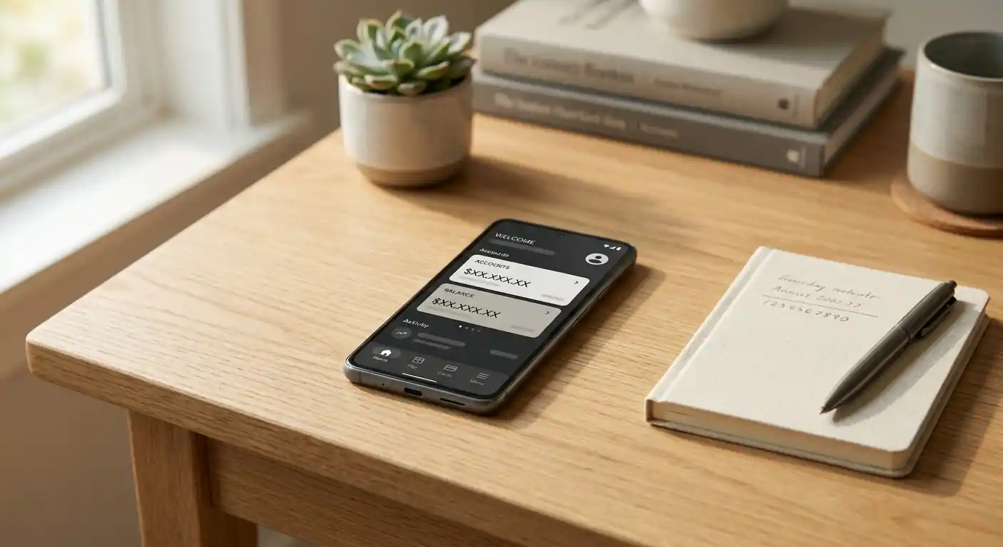 Smartphone mit neutraler Banking-Oberfläche neben einem Notizblock