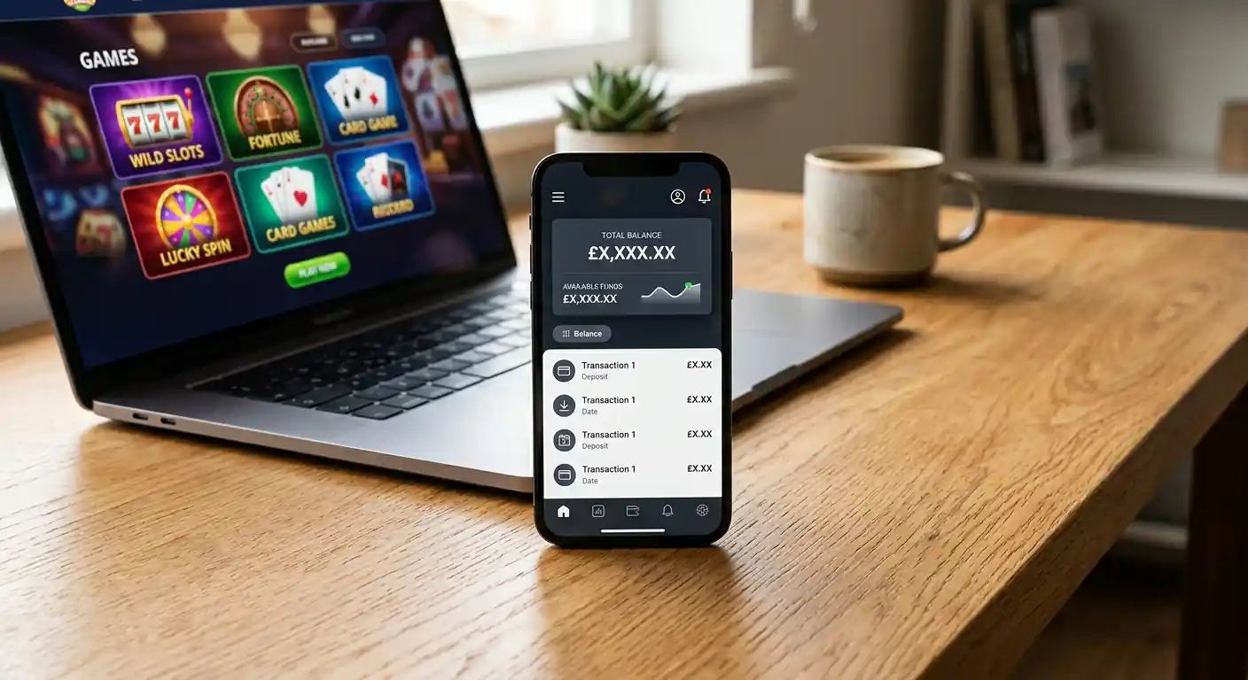 Nahaufnahme eines Smartphones mit Banking-App und Casino-Interface