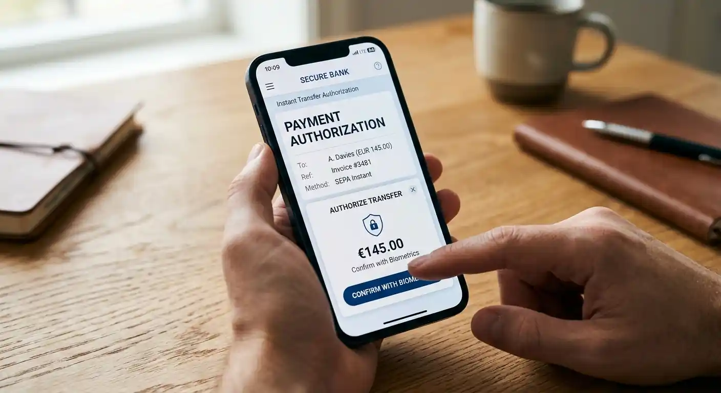 Banking-App auf Smartphone mit Trustly-Transaktion und PSD2-Autorisierung