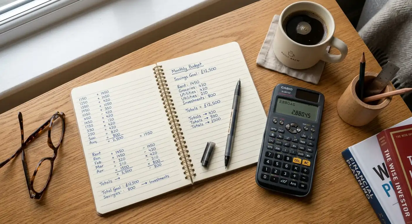Taschenrechner und Notizblock mit handschriftlichen Berechnungen zu Umsatzbedingungen, daneben eine Tasse Kaffee