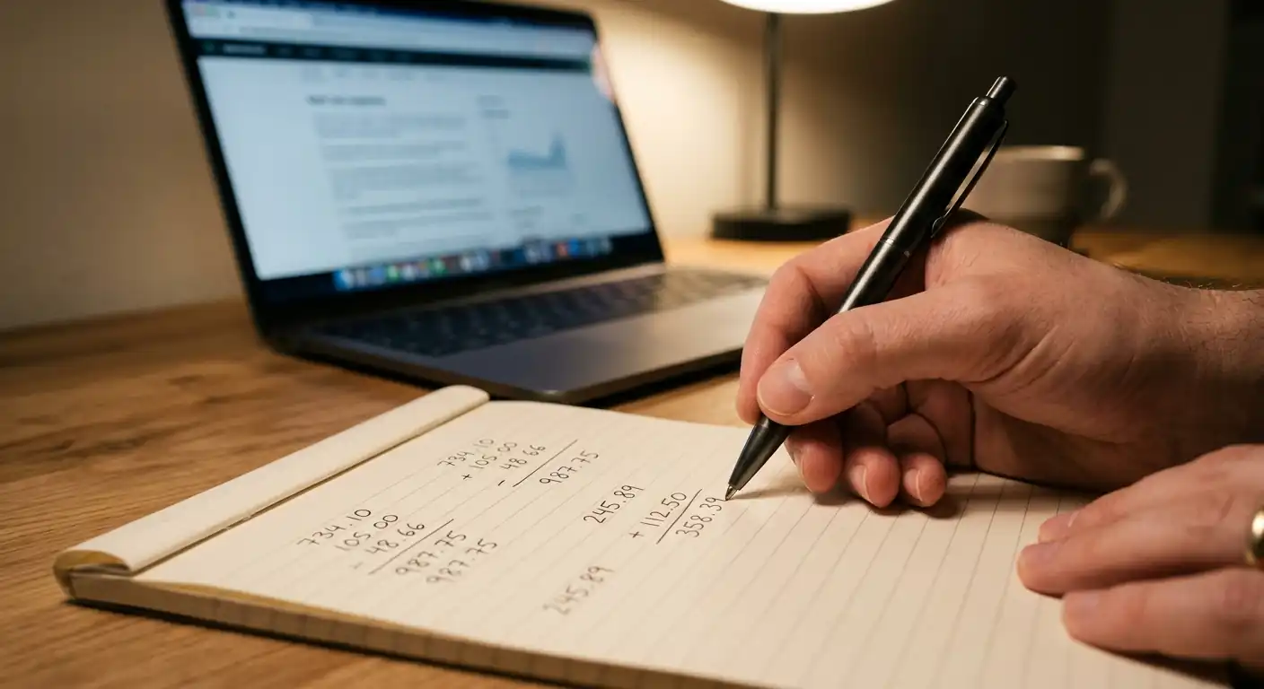 Hand mit Stift rechnet Umsatzbedingungen eines Bonus auf einem Notizblock durch
