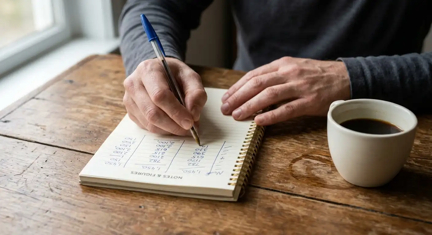 Person rechnet mit Stift und Notizblock die Umsatzbedingungen eines Bonus durch