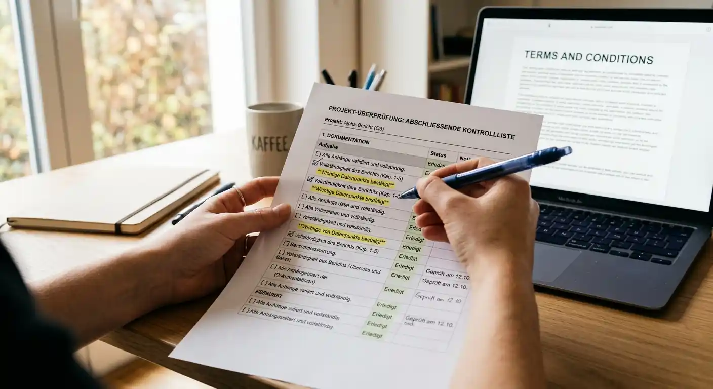 Hände halten gedruckte Checkliste mit markierten Checkboxen, Stift daneben, Laptop im Hintergrund