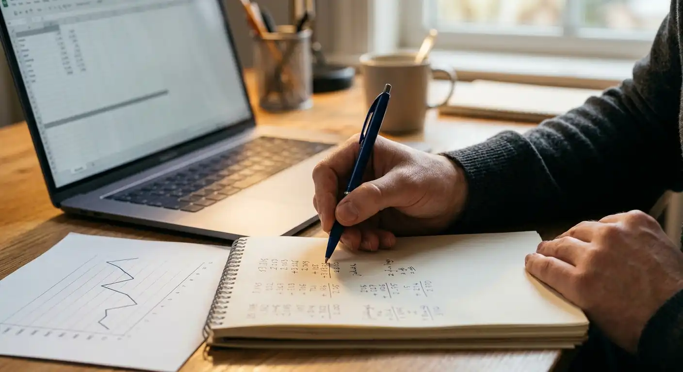 Person rechnet Umsatzbedingungen eines Startguthabens mit Stift und Notizblock durch