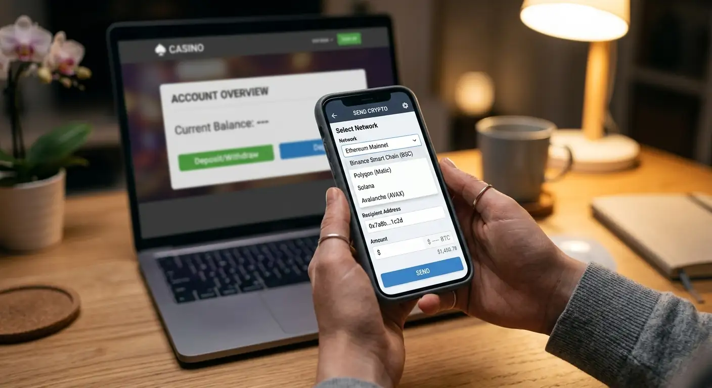 Smartphone zeigt Wallet-Transaktion mit USDC-Netzwerk-Auswahl