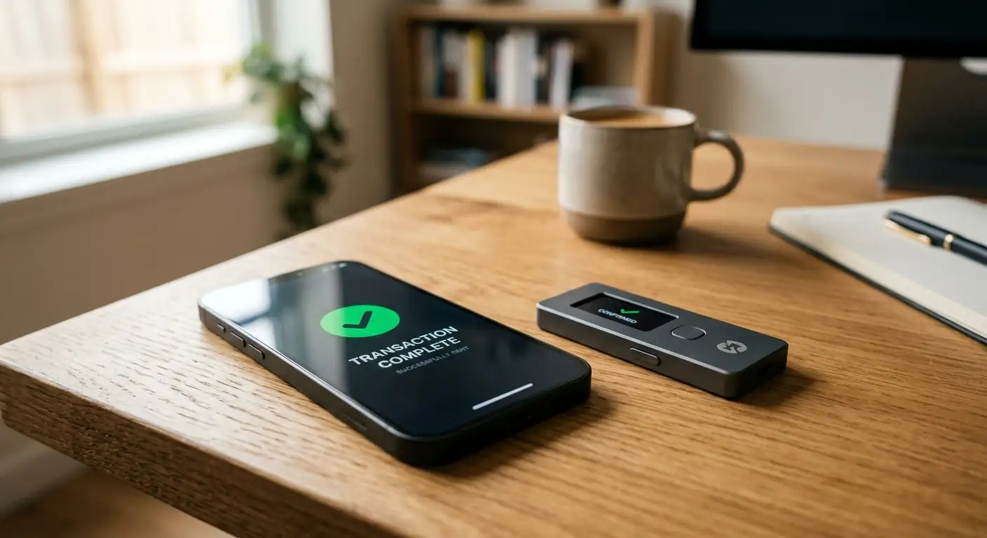 Getestete USDT-Auszahlung auf einem Smartphone neben einer Hardware-Wallet
