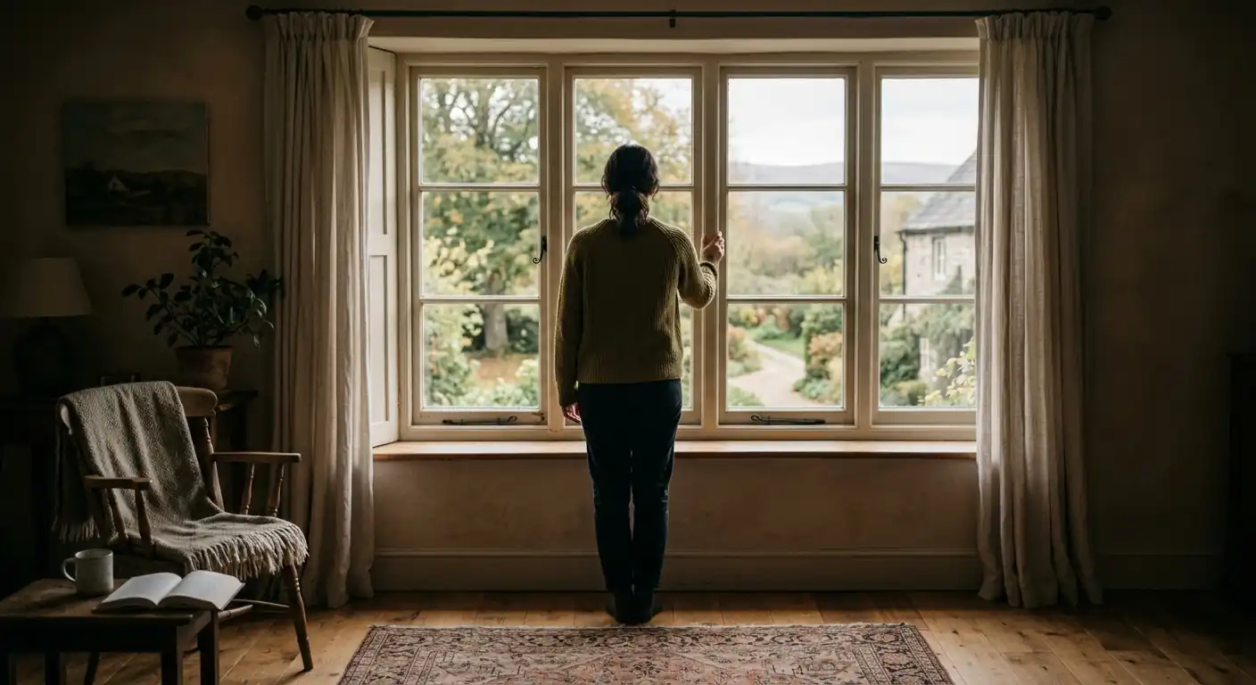 Ruhige Szene einer Person am Fenster als Sinnbild für bewusstes Spielverhalten