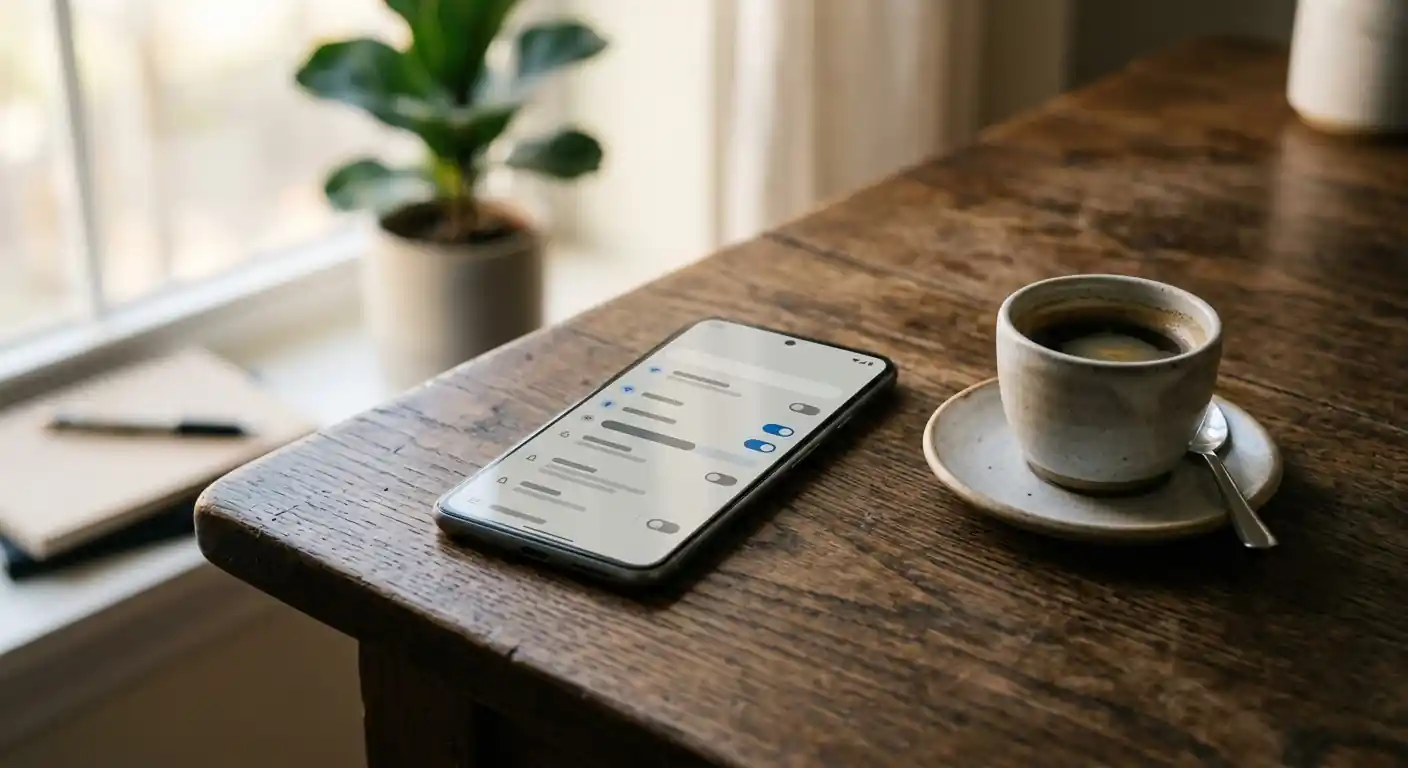Smartphone mit neutraler Einstellungs-Oberfläche neben Kaffeetasse auf Holzschreibtisch