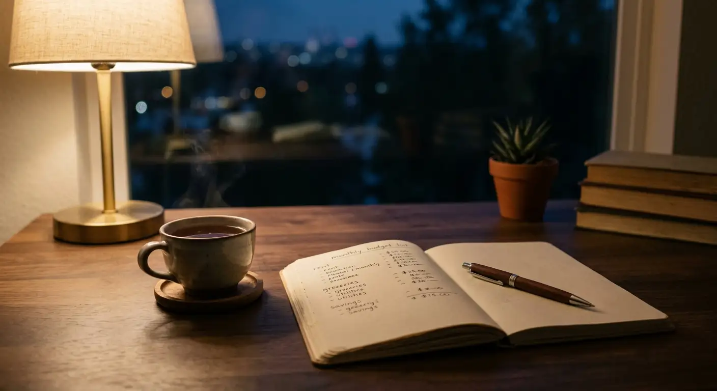 Notizbuch mit handgeschriebenem Monatsbudget und ruhiger Abendstimmung, keine Geldscheine sichtbar