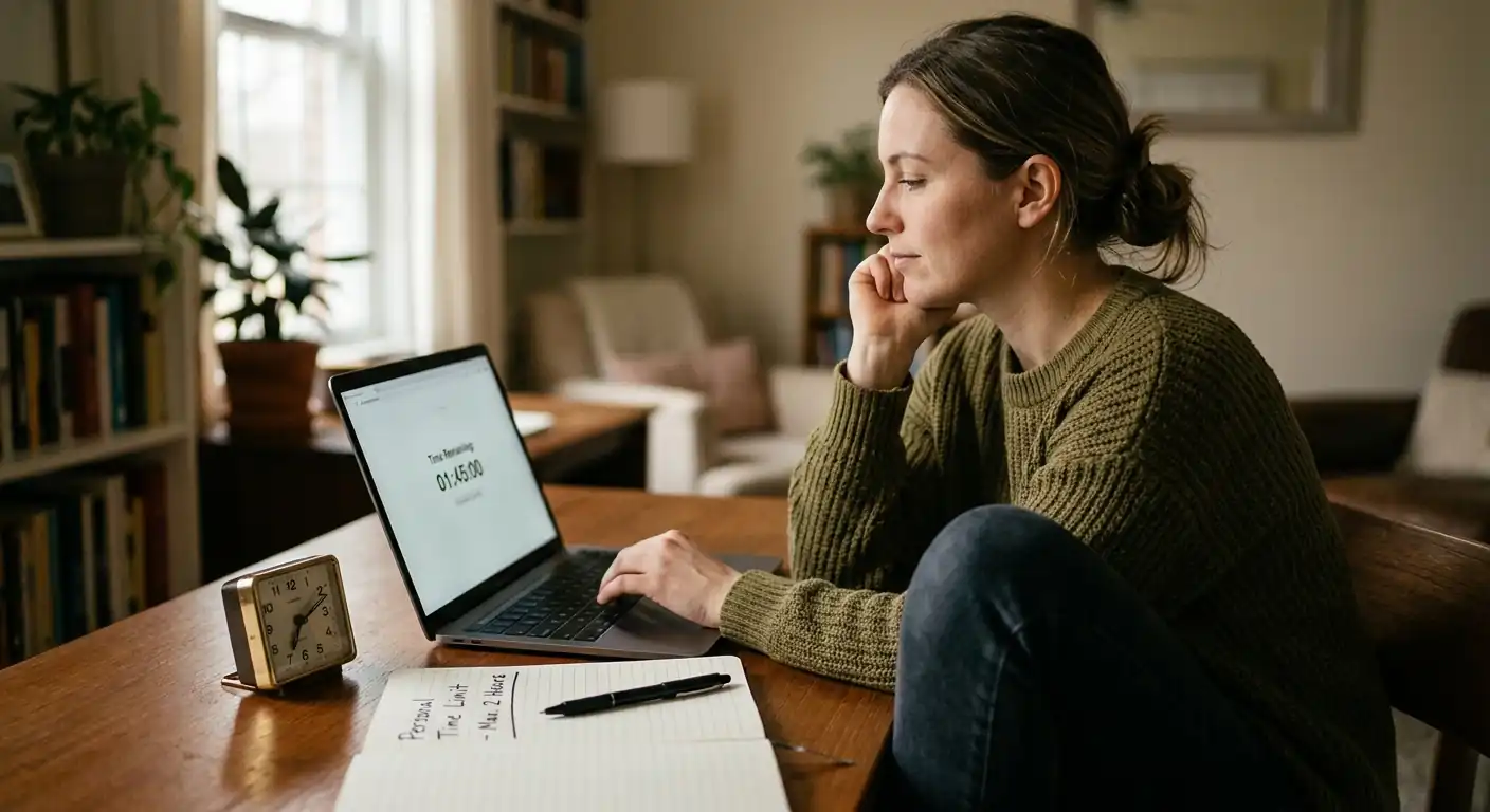 Person setzt am Laptop ein persönliches Zeit- und Verlustlimit beim Online-Spiel