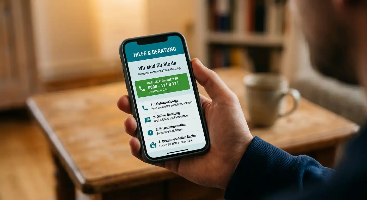 Hand hält Smartphone mit Selbsttest-App und Hilfshotline-Kontakt