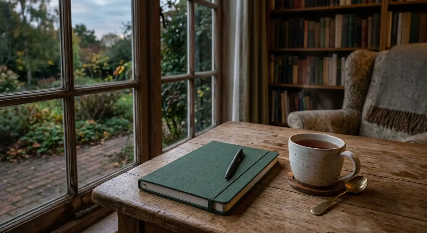 Ruhige Szene mit Notizbuch und Tasse als Symbol für bewusstes Spielen