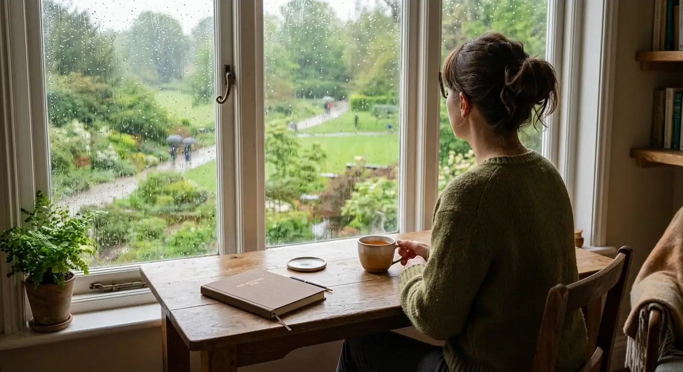 Person von hinten am Fensterplatz mit Blick ins Grüne, geschlossenes Notizbuch und Teetasse auf dem Schreibtisch