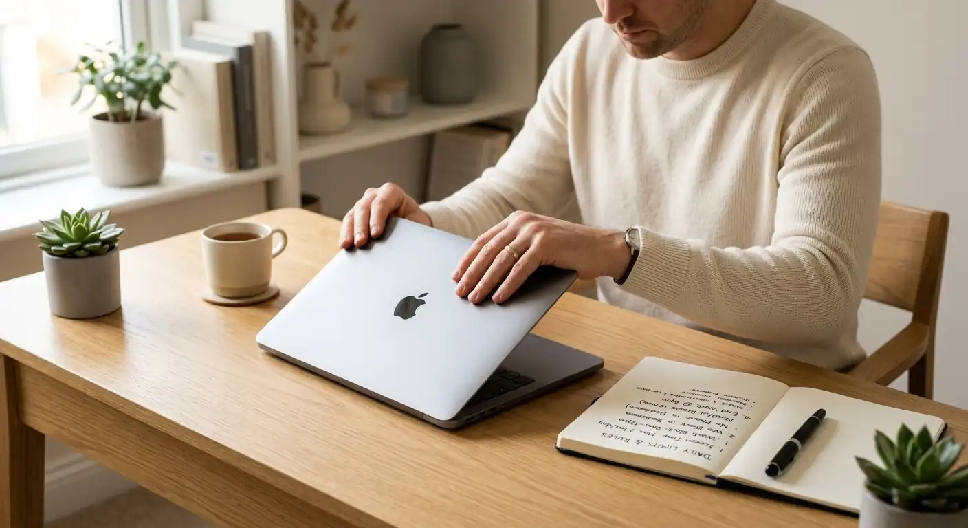 Person, die bewusst den Laptop schließt und ein Notizbuch mit festgelegten Limits daneben liegt