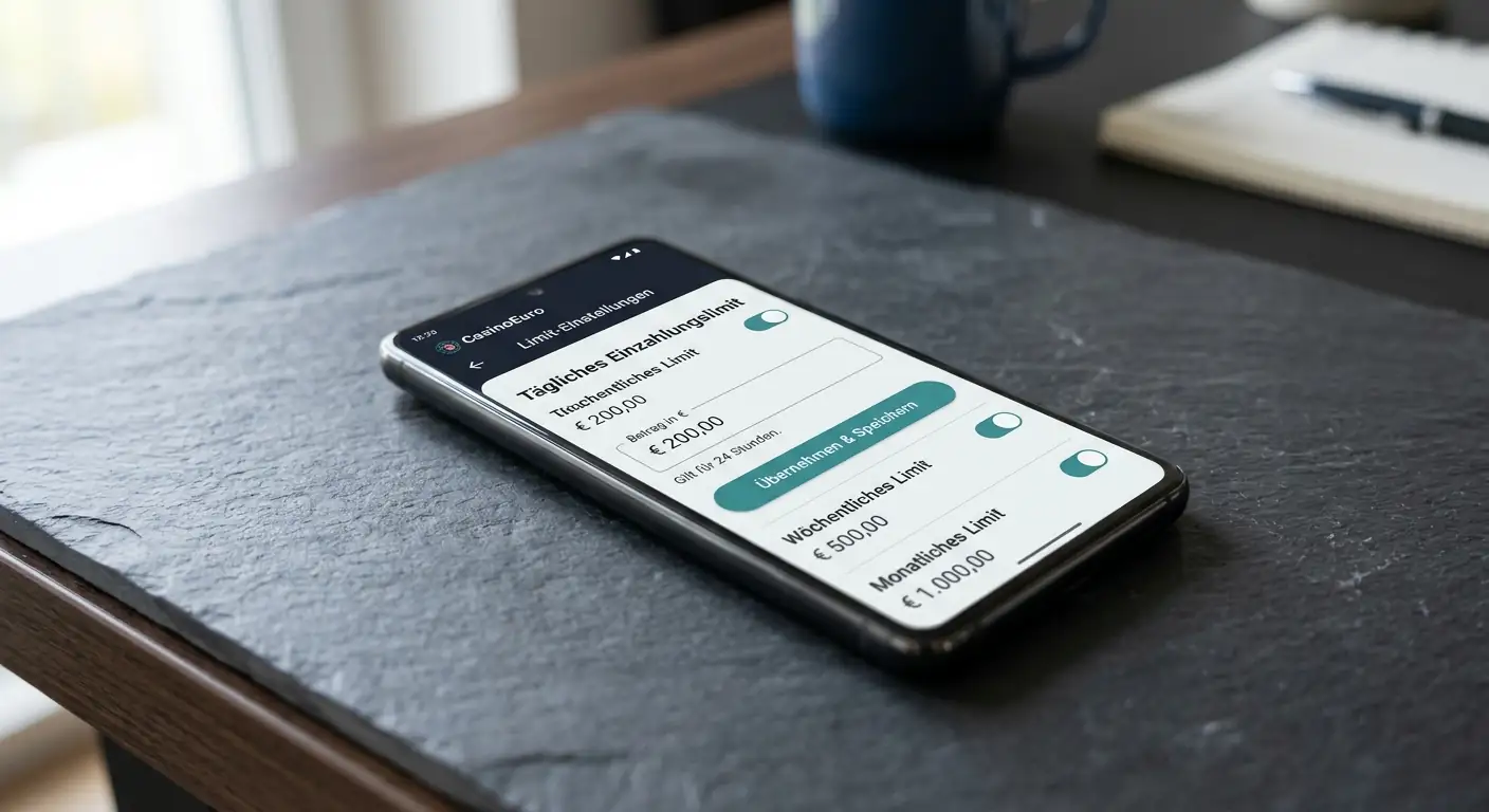 Stilles Smartphone-Display mit aktiviertem Spielerschutz-Menü und Einzahlungslimit-Bestätigung